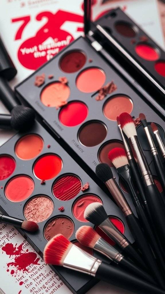 An array of cherry red and neutral makeup shades with brushes, showcasing a bold makeup palette.
