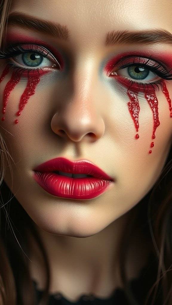 A close-up of a makeup look featuring cherry red eyeshadow and glitter tears, with bold red lips.