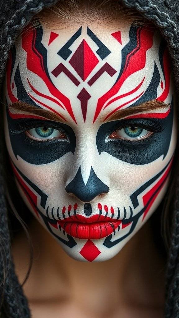 A person with intricate cherry red face art, wearing a dark hood, set against a misty background.