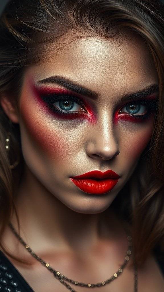 A close-up of a model with fierce cherry red smoky eyelids and bold red lips, showcasing a dramatic makeup look.