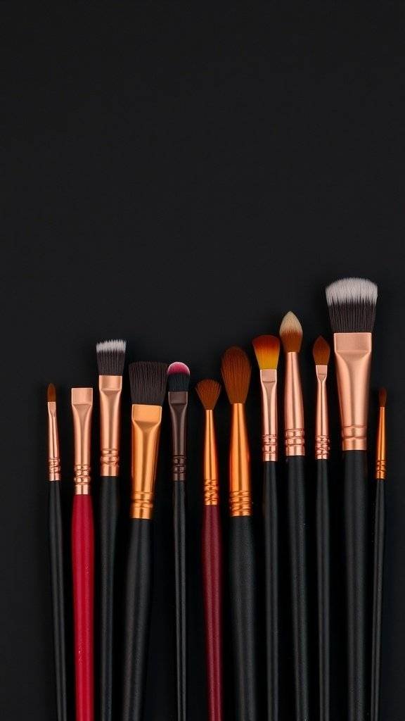 A collection of eye makeup brushes with black handles and copper accents.