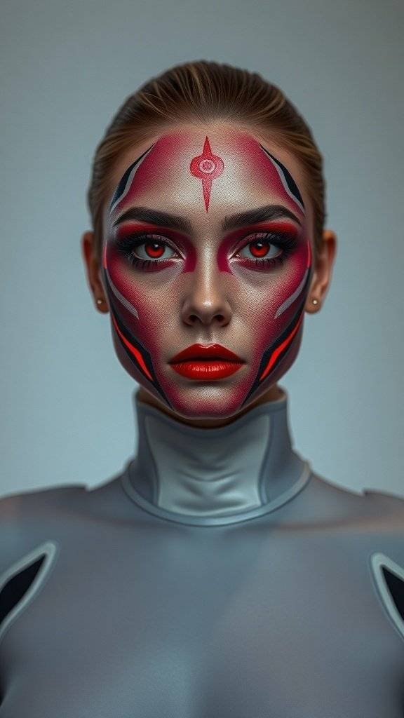 A model with futuristic Sith-inspired makeup featuring cherry red bold lips and intricate face designs.