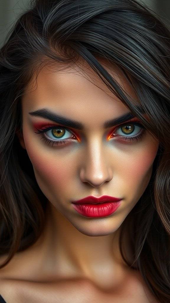 Close-up of a model with bold eyebrows, cherry red lips, and vibrant eye makeup.
