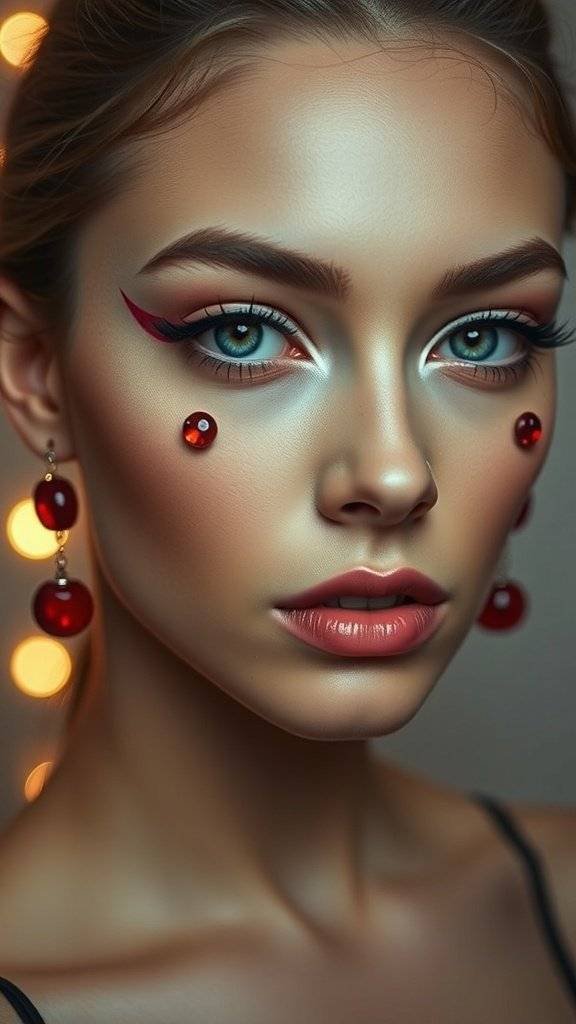 A model with bold cherry red makeup and face gems, showcasing a striking look.