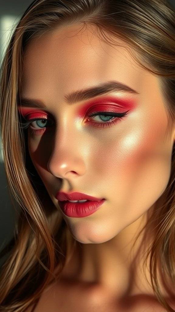 A close-up of a model showcasing bold cherry red makeup with a glowing highlighter.