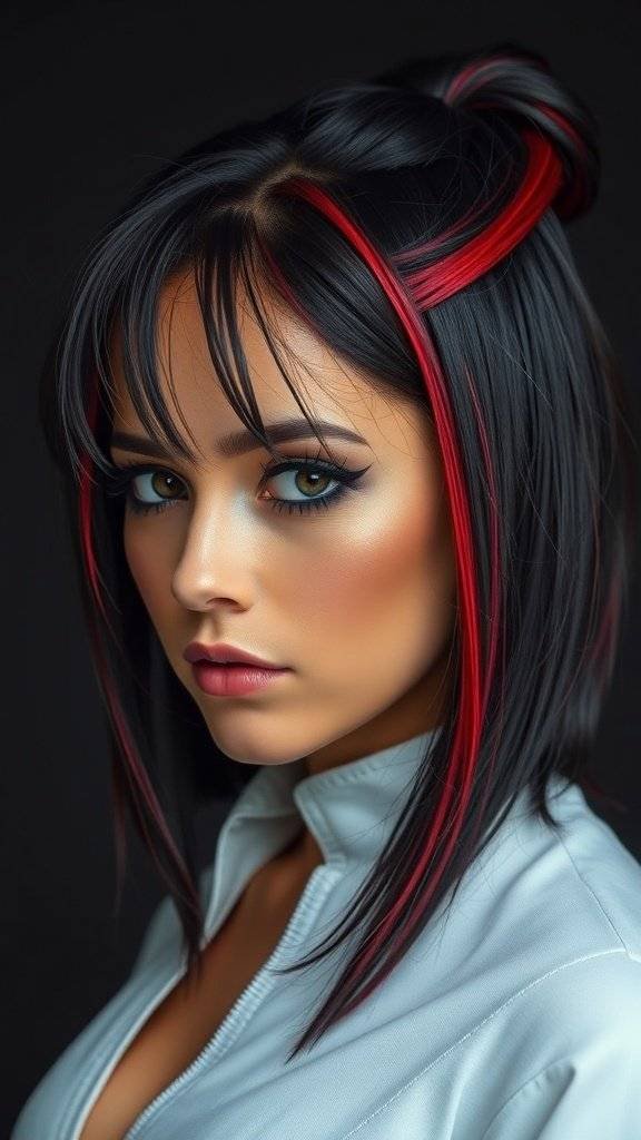 Model with dark hair featuring cherry red highlights, showcasing bold makeup.