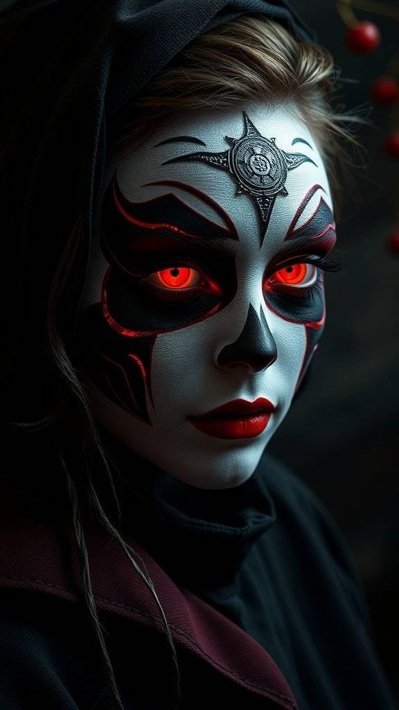 A person with dramatic Sith-inspired makeup featuring white face paint, black designs, and cherry red lips.