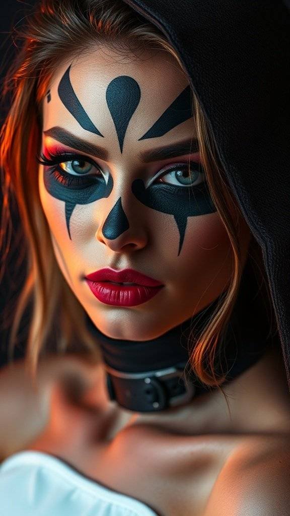 A makeup transformation featuring one side with intricate black and white face paint and the other side with cherry red bold makeup.
