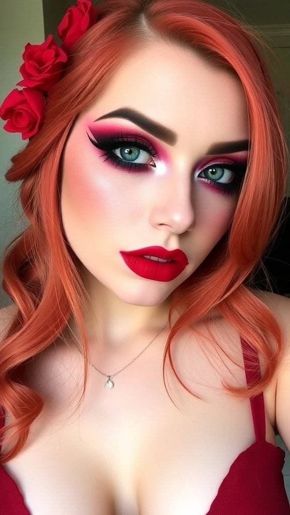 A model with cherry red bold makeup, featuring dramatic red eyeshadow and glossy red lips, accessorized with cherry-themed hair and necklace.