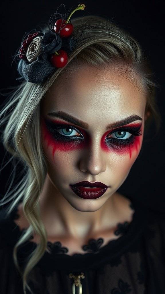 A model showcasing a Sith-inspired makeup look with cherry red and black face paint, featuring a rose in her hair.