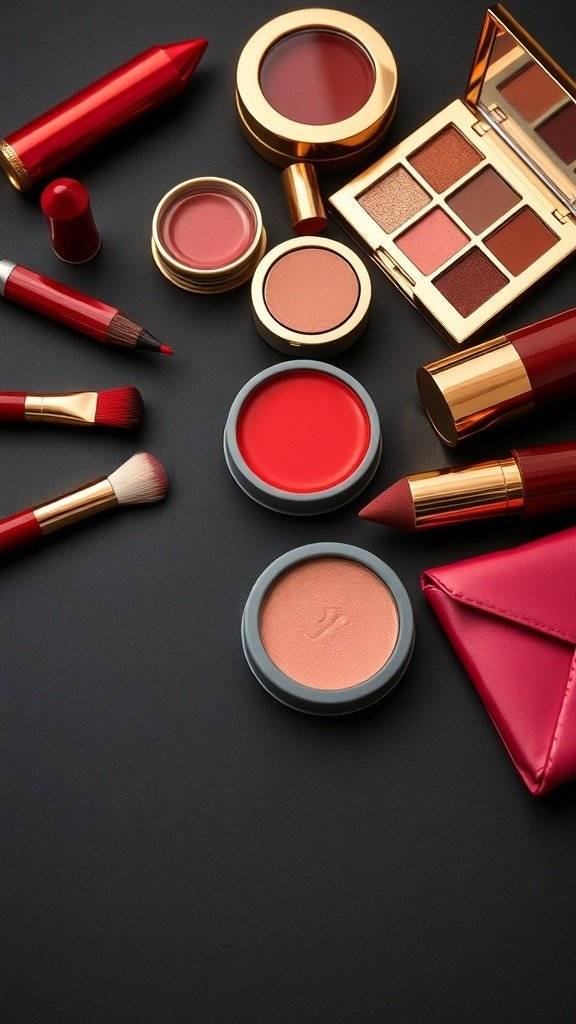 An assortment of cherry red makeup products and gold accessories on a black background.