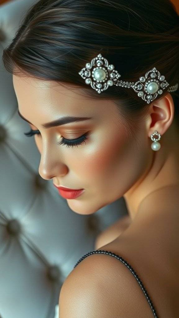 Two elegant hairpins with pearl accents on a soft pink background.