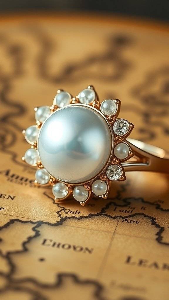 A beautiful pearl ring on a map, symbolizing elegance and strength.