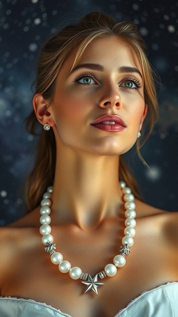 Two pearl necklaces with star motifs against a starry background.