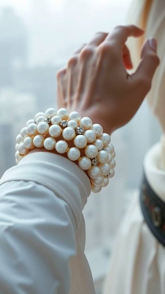 A close-up of a hand wearing a multi-strand pearl bracelet, showcasing its elegance against a soft background.