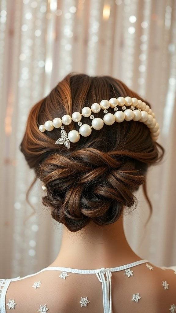A beautiful hairband made of pearls worn in an elegant updo hairstyle.