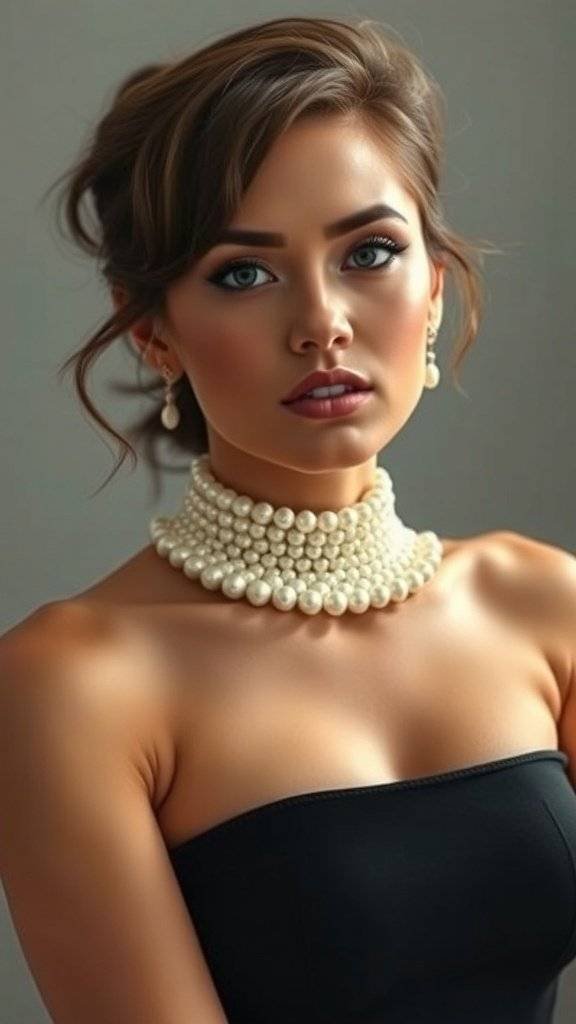A display of layered pearl chokers on a mannequin, showcasing their elegance and shine.