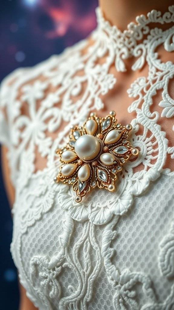 An elegant pearl brooch with intricate designs, set against a cosmic background.
