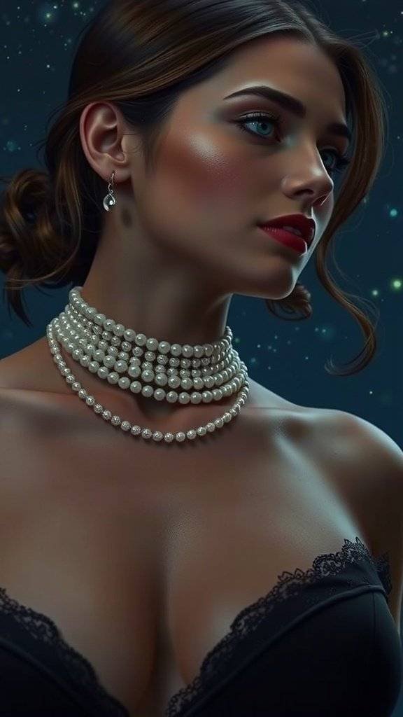 Close-up of delicate pearl chains on a dark background