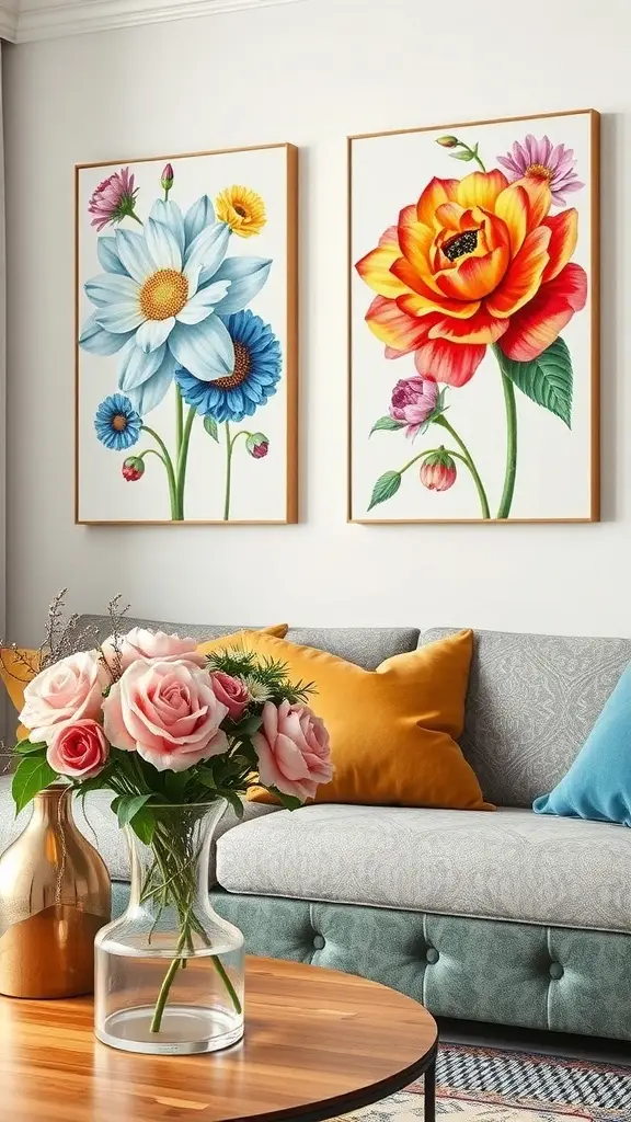 Vibrant floral art displayed on a wall with a bouquet of white roses in front.