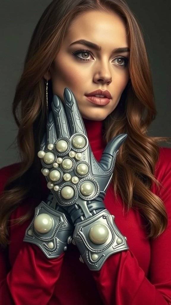 Futuristic pearl-embellished gloves designed for combat, featuring a sleek gray design with black accents and pearl embellishments.