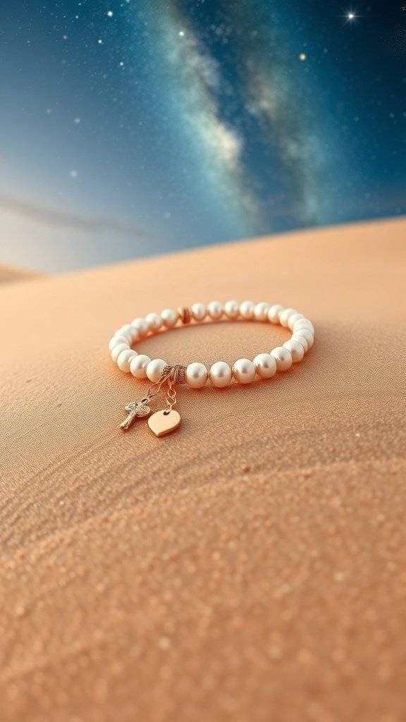 A pearl ankle bracelet displayed on sandy ground, showcasing multiple strands of pearls with gold accents.
