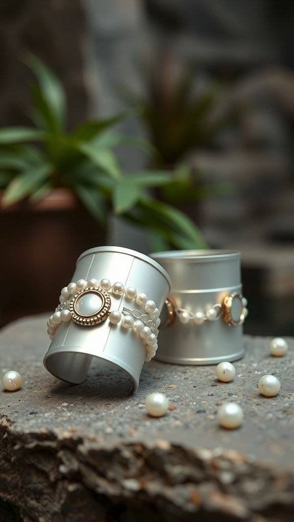 Two sophisticated pearl cuffs displayed on a stone surface, surrounded by scattered pearls and greenery.