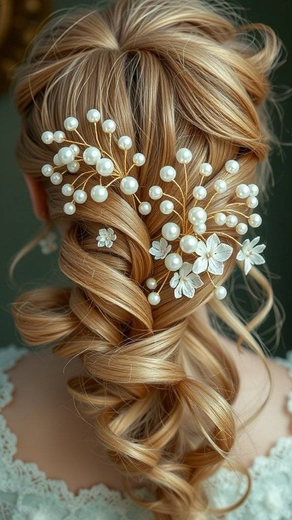 A close-up view of a hairstyle adorned with whimsical pearl hair combs, featuring soft curls and floral accents.