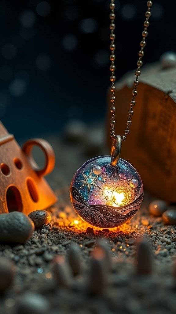 Artisanal pearl pendant with a cosmic design, featuring stars and planets, set against a dark background.