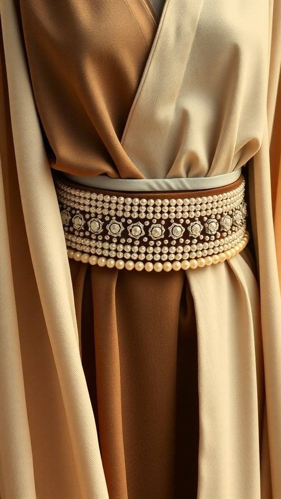 A close-up of a pearl-studded belt worn with a flowing outfit, showcasing intricate details and elegant colors.