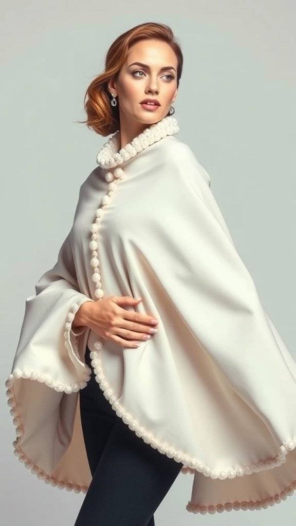 A chic pearl-trimmed cloak, showcasing a high collar and flowing design, perfect for an intergalactic style.