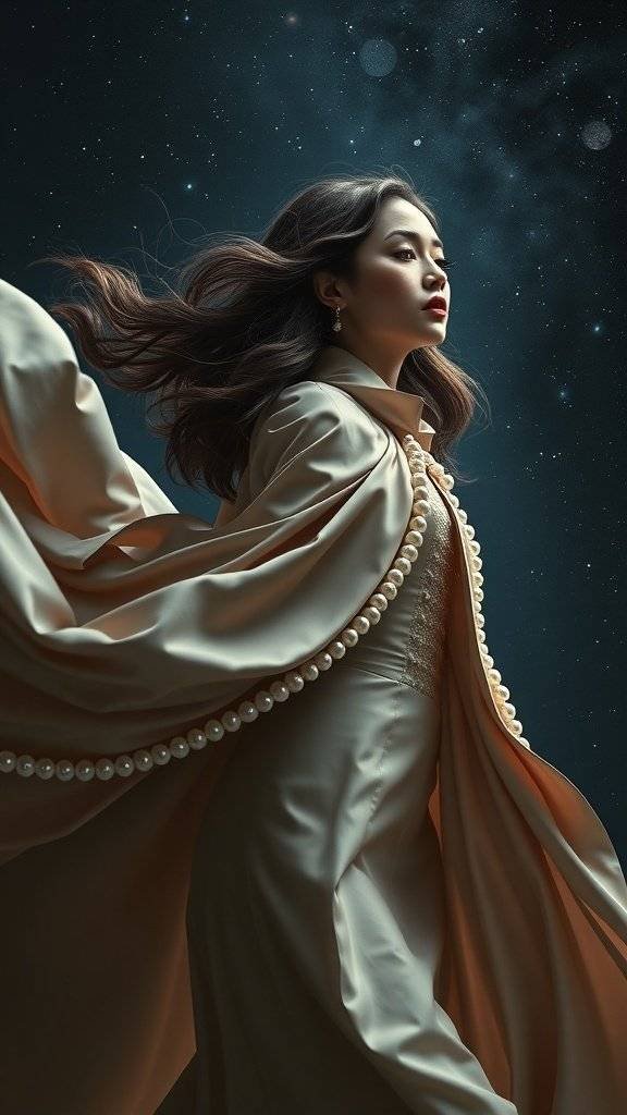 A pearl-studded cape against a cosmic background