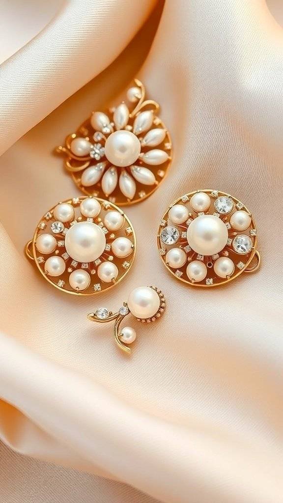 A collection of elegant pearl-set brooches displayed on soft fabric.