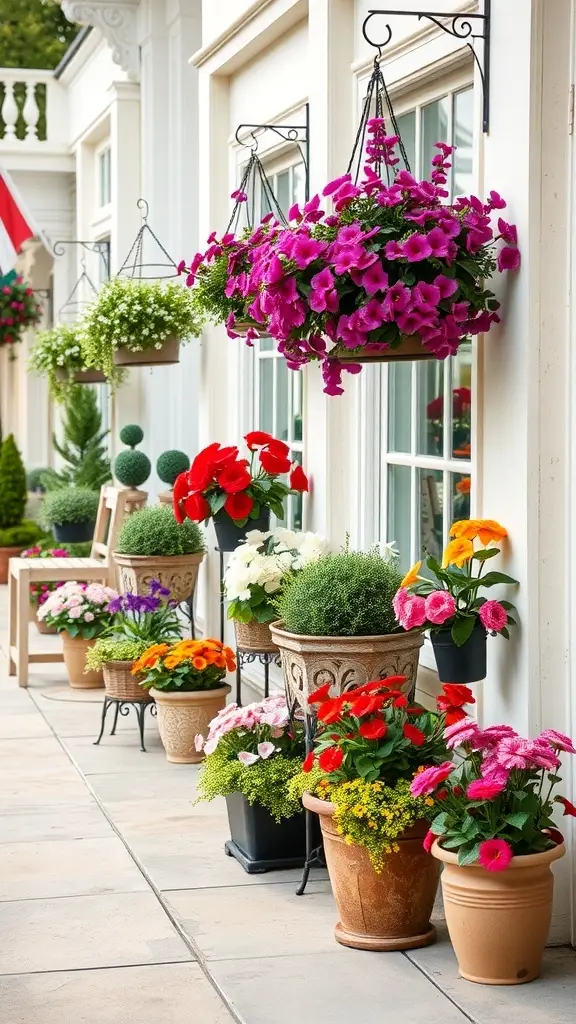 A patio adorned with colorful flower displays in various pots and hanging baskets.