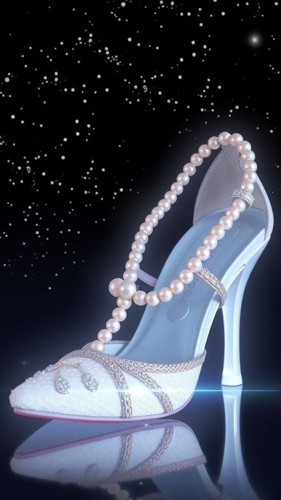A stunning pair of pearl-accented heels against a starry background.