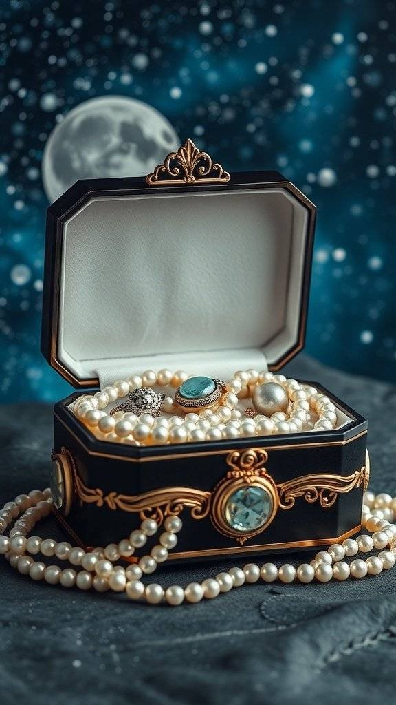 A beautifully crafted jewelry box filled with pearl accessories, set against a starry night sky.