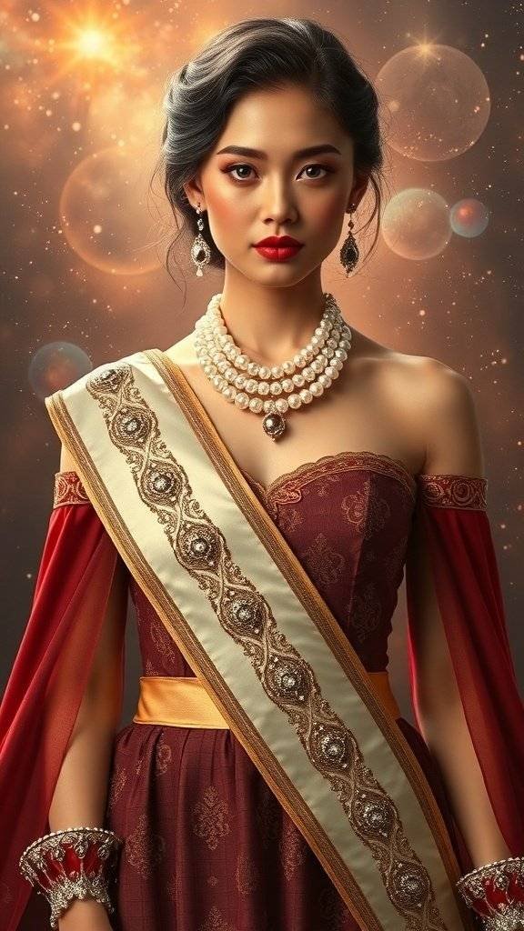 A sophisticated dress with a pearl-embellished sash against a cloudy sky