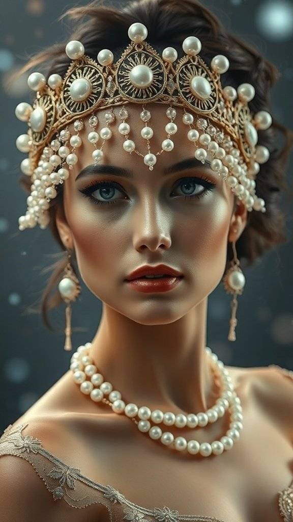 A pearl-infused headpiece with intricate designs, set against a starry background.