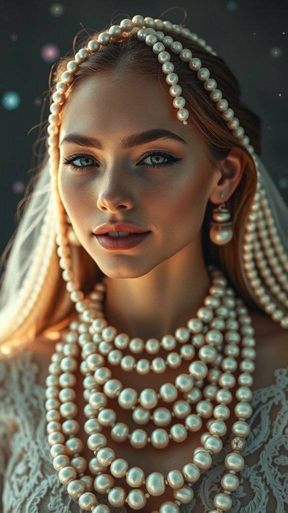 A collection of intricate pearl accessories displayed against a cosmic background.