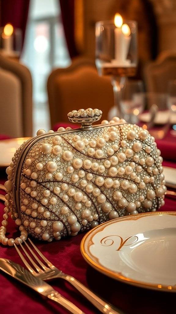 A glamorous black evening bag embellished with pearls and floral designs, placed elegantly on a dining table.
