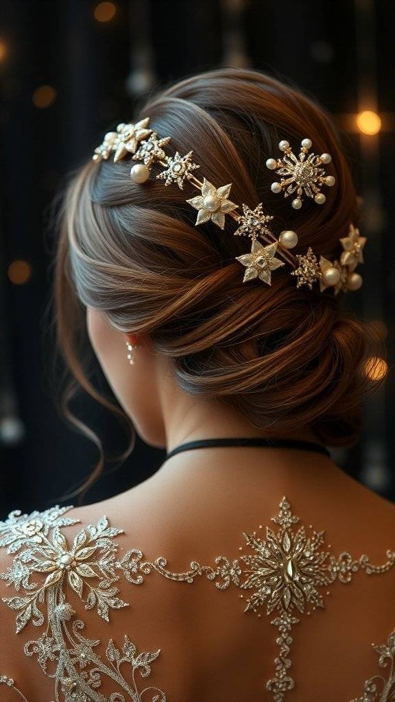A close-up of a woman's hairstyle featuring pearl-studded hair accessories and intricate designs.