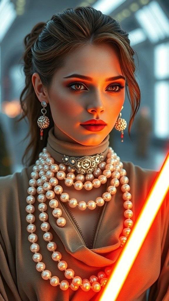 A mannequin dressed in a Jedi-inspired outfit with pearl accessories, set against a futuristic background.