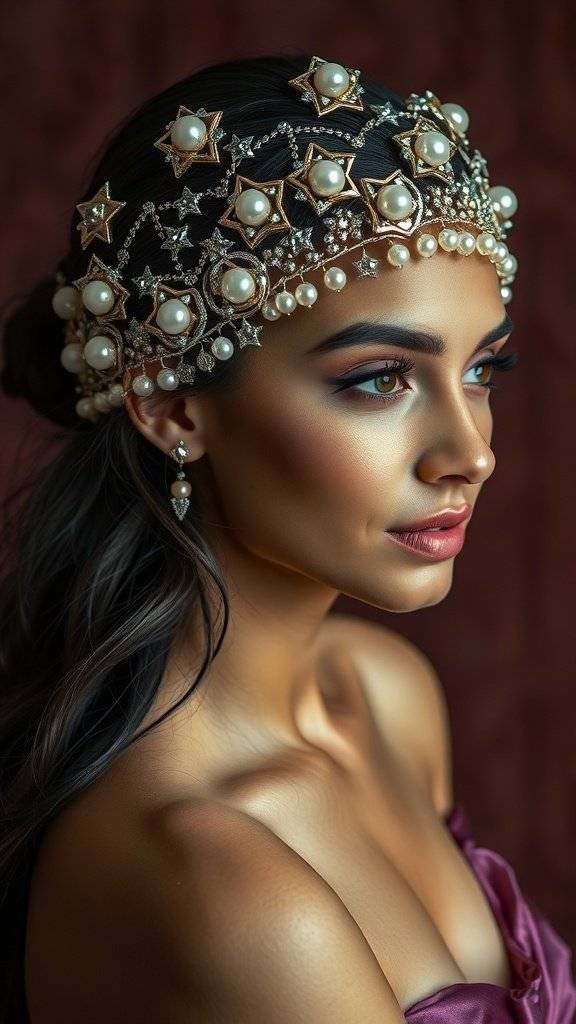 A black hairpiece adorned with pearls and star motifs, displayed elegantly on a stand.