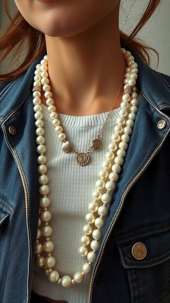 A close-up of layered pearl necklaces worn with a denim jacket, showcasing elegant pearl accessories.
