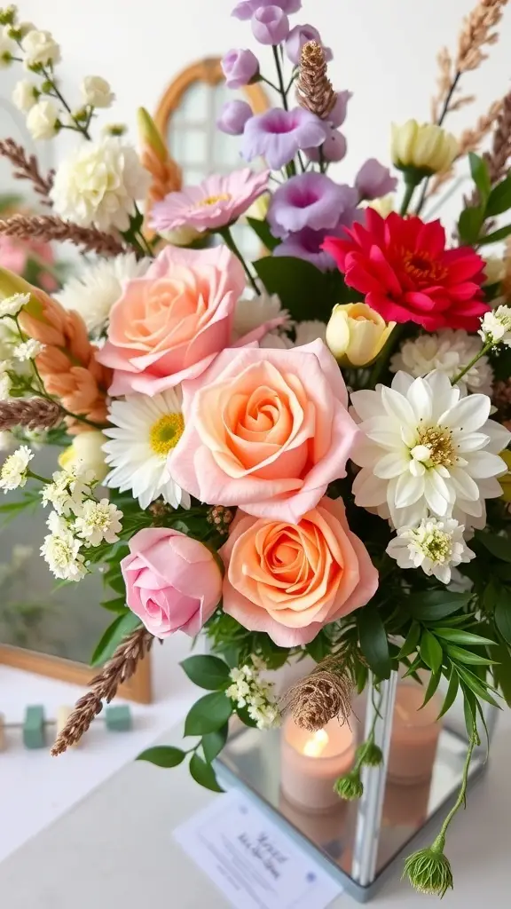 A beautiful display of various flowers in elegant arrangements, featuring roses, dried flowers, and vibrant accents.