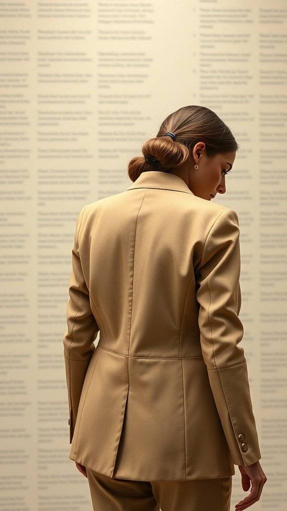 A woman in a beige tailored blazer, showcasing modern elegance.