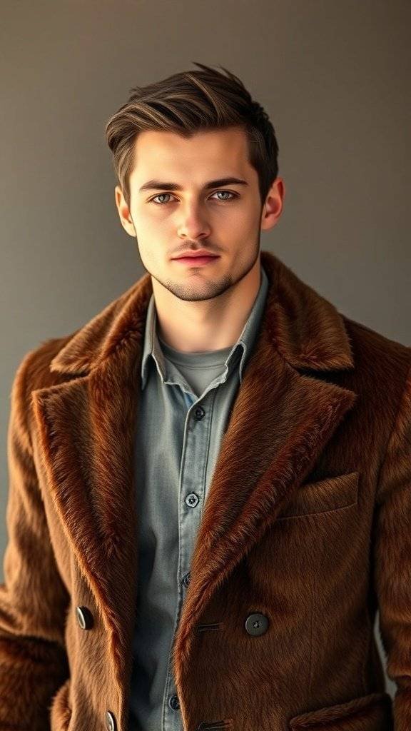 A tailored blazer inspired by Chewbacca, featuring rich, textured fabrics in browns and oranges.