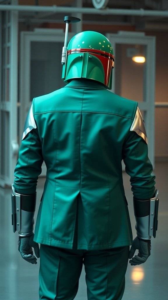 A tailored blazer inspired by Boba Fett's iconic armor, featuring a vibrant green color and sleek design.