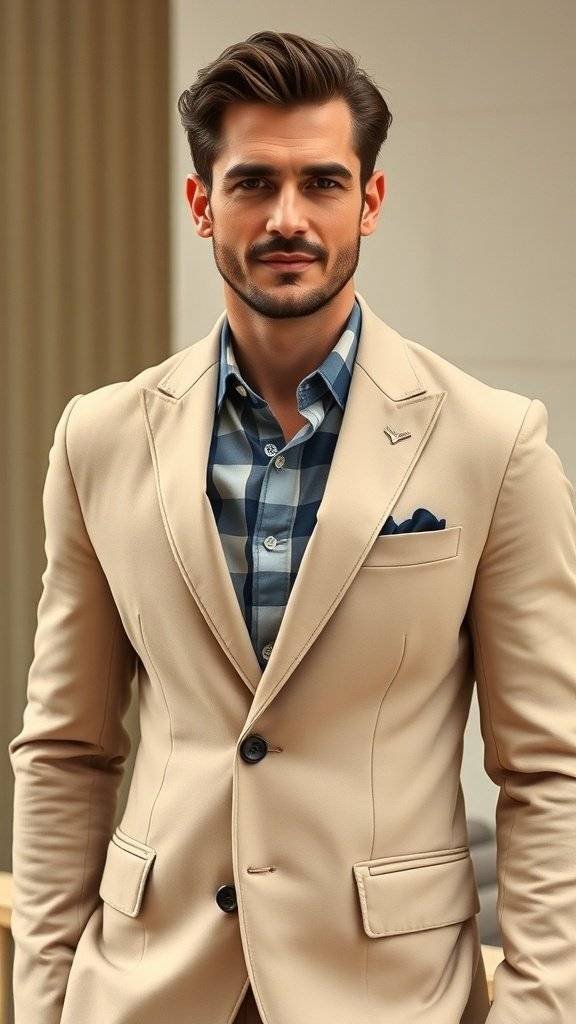 Back view of a tailored beige blazer with a brown belt, inspired by Obi-Wan Kenobi.