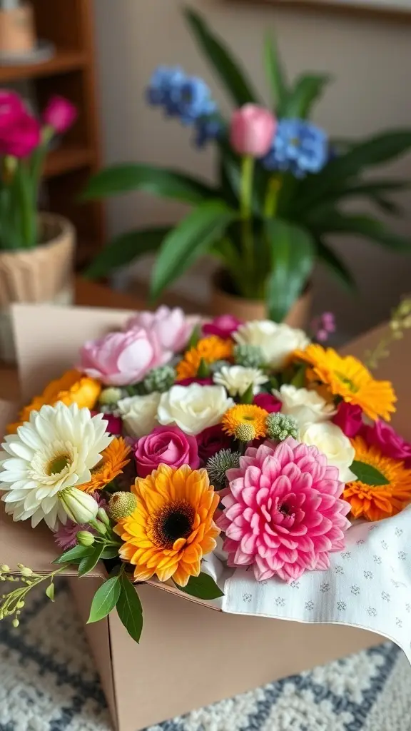 A box filled with colorful flowers labeled 'FLOWER FLOWER' on a wooden table.